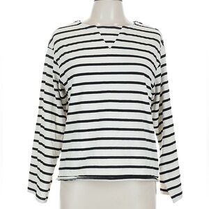 Monrow Black and White Striped Crew Long Sleeve Top